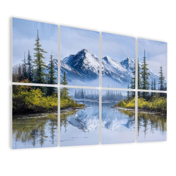 8 Pack Art Acoustic Panels Sound Absorbing Mountain Landscape Painting Vintage Forest Scenery Snow capped Decorative Soundproof Wall Panels Self Adhesive for Nursery Game Room Bedroom 48"x32"