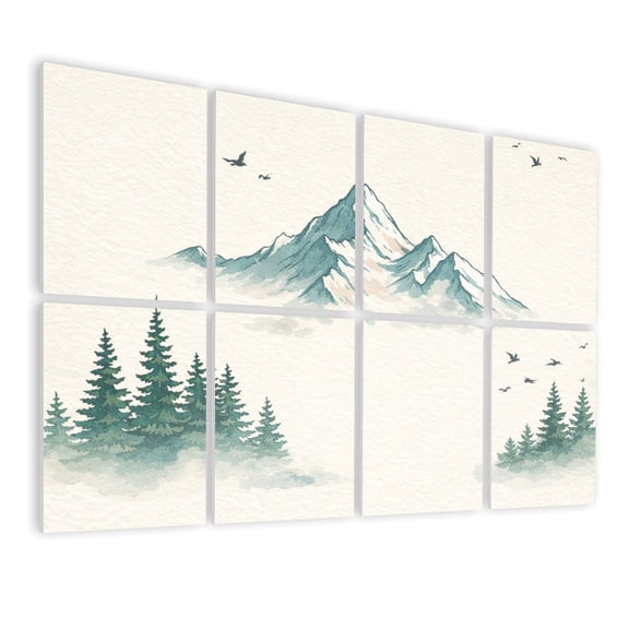 8 Pack Art Acoustic Panels Sound Absorbing Mountain Pine Forest Mist Birds Ink Decorative Soundproof Wall Panels Self Adhesive for Nursery Game Room Bedroom 48"x32"