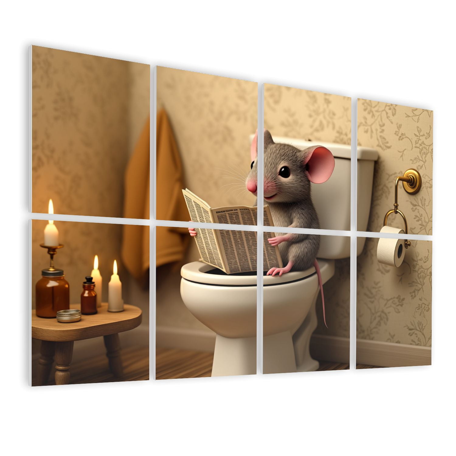 8 Pack Art Acoustic Panels Sound Absorbing Mouse Reading Newspaper Toilet Decorative Soundproof Wall Panels Self Adhesive for Nursery Game Room Bedroom 48"x32"