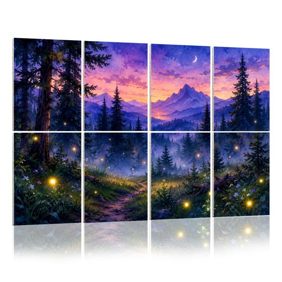 8 Pack Art Acoustic Panels Sound Absorbing Mystical Forest Purple Blue Green Hues Vintage Woodland Magical Decorative Soundproof Wall Panels Self Adhesive for Nursery Game Room Bedroom 48"x32"