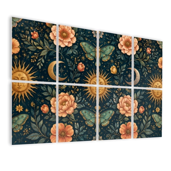 8 Pack Art Acoustic Panels Sound Absorbing Mystical Sun Moon Floral Moth Decorative Soundproof Wall Panels Self Adhesive for Nursery Game Room Bedroom 48"x32"