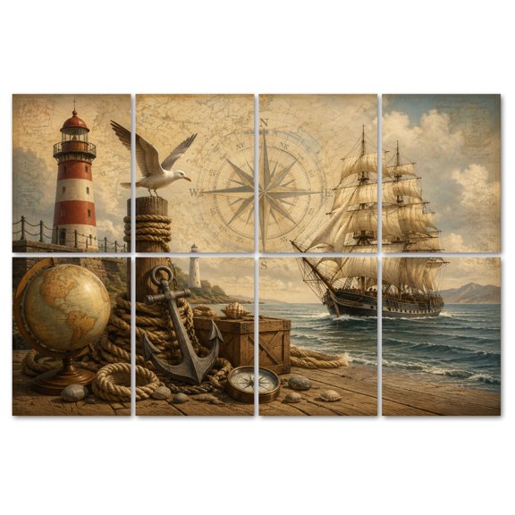 8 Pack Art Acoustic Panels Sound Absorbing Nautical sailboat Lighthouse anchor Compass seagull globe Vintage Decorative Soundproof Wall Panels Self Adhesive for Recording Studios Office 48"x32"