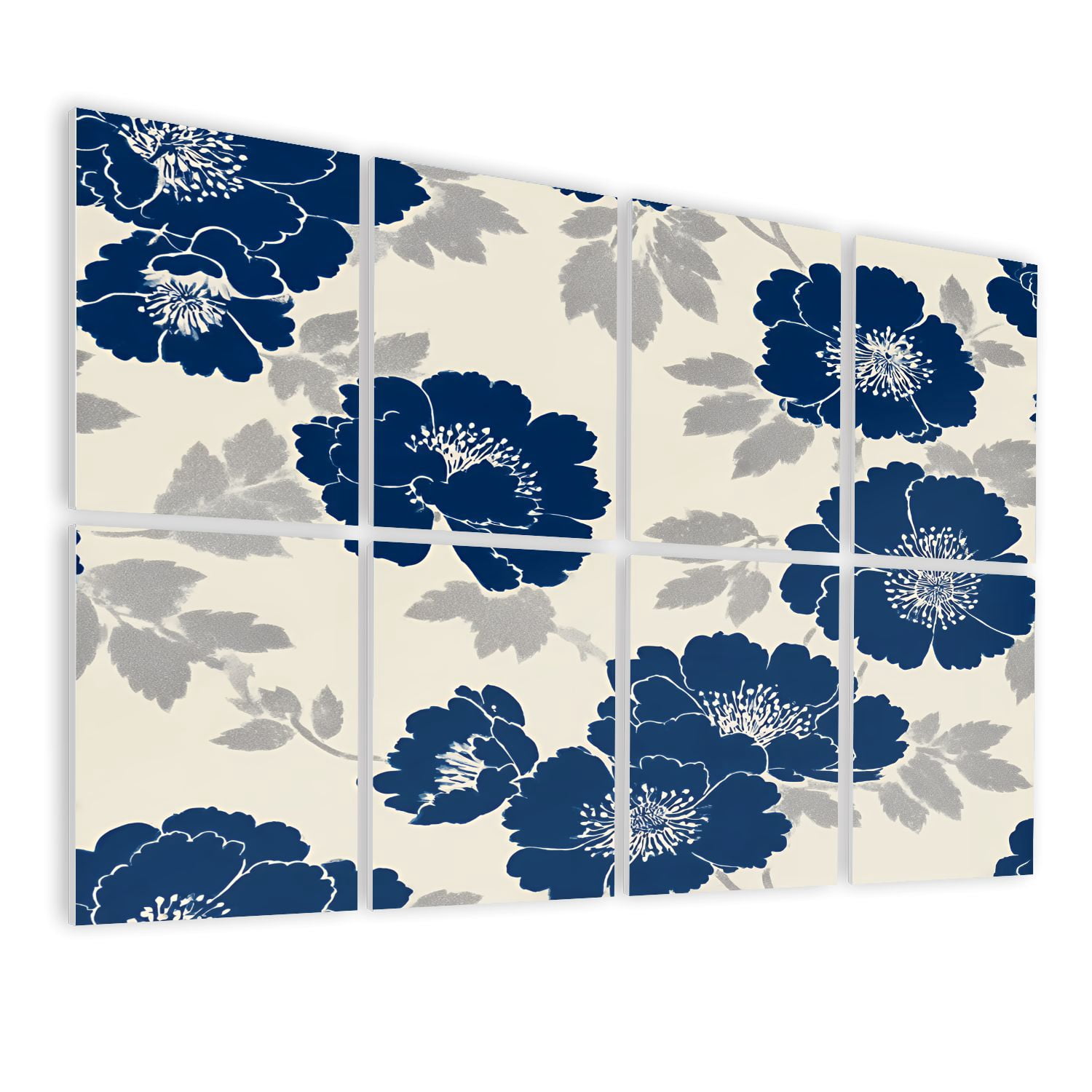 8 Pack Art Acoustic Panels Sound Absorbing Navy Blue Silver Floral Cream Decorative Soundproof Wall Panels Self Adhesive for Nursery Game Room Bedroom 48"x32"