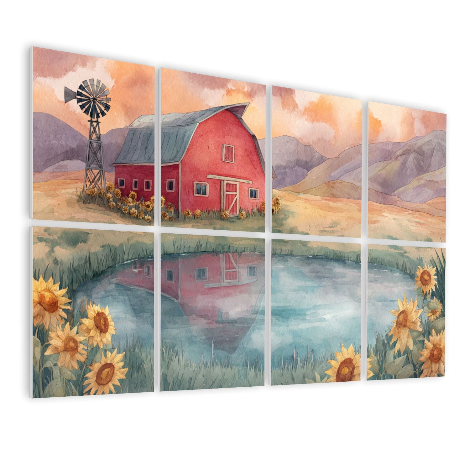8 Pack Art Acoustic Panels Sound Absorbing Nostalgic Farmhouse Scene Windmill Sunflowers Decorative Soundproof Wall Panels Self Adhesive for Bedroom Home Office 48"x32"