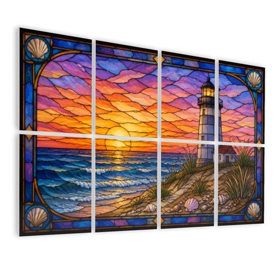 8 Pack Art Acoustic Panels Sound Absorbing Nostalgic Lighthouse Mosaic Art Purple Sky Ocean Reflections Decorative Soundproof Wall Panels Self Adhesive for Nursery Game Room Bedroom 48"x32"