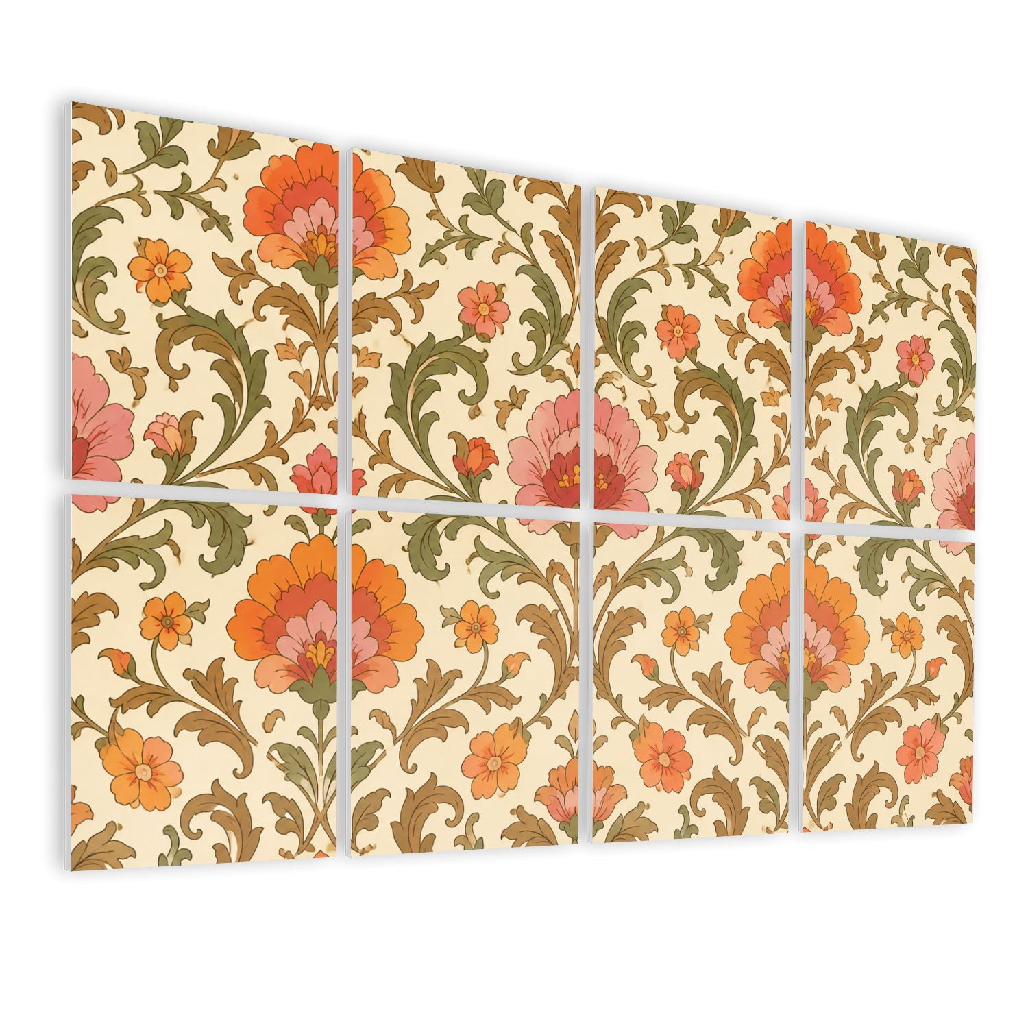 8 Pack Art Acoustic Panels Sound Absorbing Orange Pink Flowers Green Leaves 1960s Retro Vintage Decorative Soundproof Wall Panels Self Adhesive for Nursery Game Room Bedroom 48"x32"