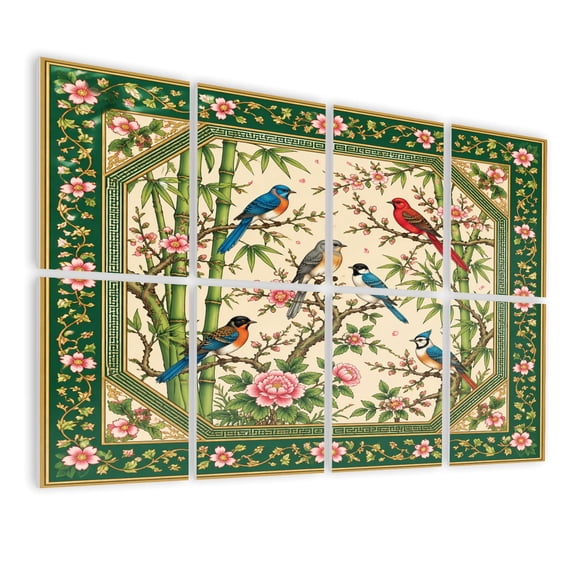 8 Pack Art Acoustic Panels Sound Absorbing Ornamental Birds Floral Bamboo Green Frame Decorative Soundproof Wall Panels Self Adhesive for Nursery Game Room Bedroom 48"x32"