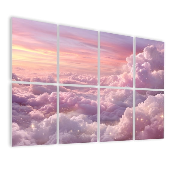 8 Pack Art Acoustic Panels Sound Absorbing Pastel Dreamscape Lavender Clouds Stars Decorative Soundproof Wall Panels Self Adhesive for Nursery Game Room Girls Bedroom 48"x32"