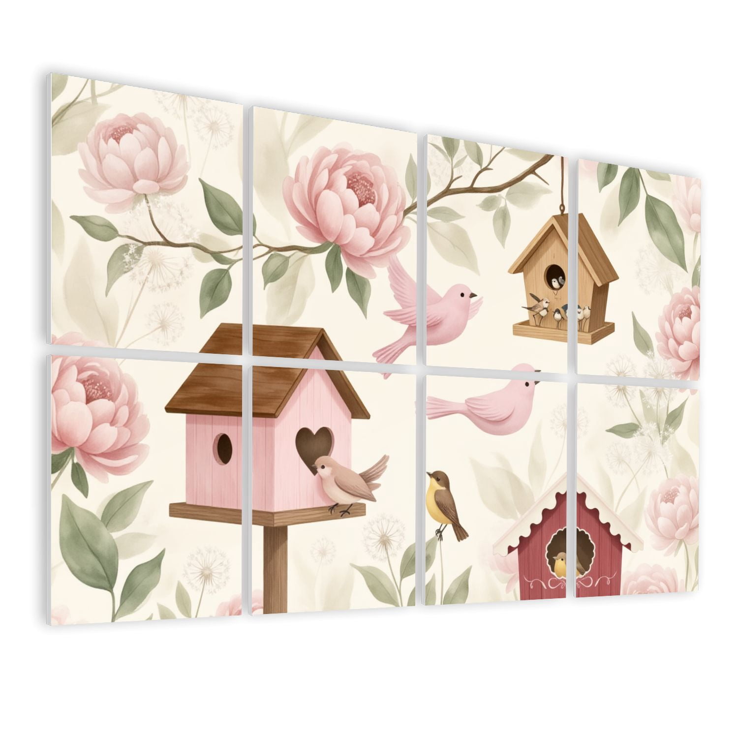 8 Pack Art Acoustic Panels Sound Absorbing Pastel Floral Birdhouses Small Birds Decorative Soundproof Wall Panels Self Adhesive for Nursery Game Room Bedroom 48"x32"