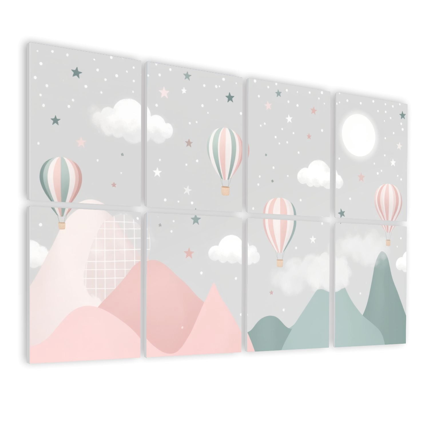 8 Pack Art Acoustic Panels Sound Absorbing Pastel Hot Air Balloons Floating Stylized Mountains Stars Clouds Decorative Soundproof Wall Panels Self Adhesive for Nursery Game Room Bedroom 48"x32"