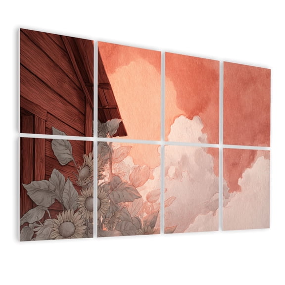 8 Pack Art Acoustic Panels Sound Absorbing Peaceful Watercolor Barn Sunflowers Sunset Glow Decorative Soundproof Wall Panels Self Adhesive for Bedroom Home Office 48"x32"