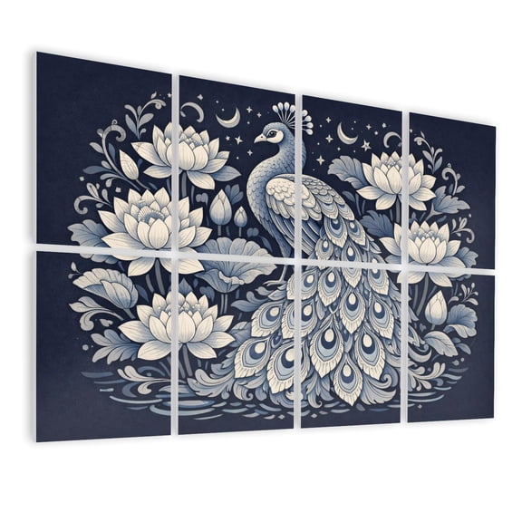 8 Pack Art Acoustic Panels Sound Absorbing Peacock Lotus Flowers Elegant Blue White Ornamental Decorative Soundproof Wall Panels Self Adhesive for Nursery Game Room Bedroom 48"x32"