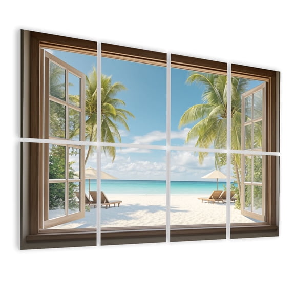 8 Pack Art Acoustic Panels Sound Absorbing Peel Stick Fake Window 3D Window Tropical Beach View Open Window Decorative Soundproof Wall Panels Self Adhesive for Bedroom Living Room 48"x32"