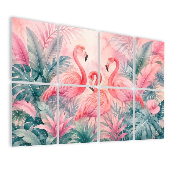 8 Pack Art Acoustic Panels Sound Absorbing Pink Flamingos Tropical Watercolor Jungle Palm Leaves Monstera Plants Decorative Soundproof Wall Panels Self Adhesive for Nursery Game Room Bedroom 48"x32"