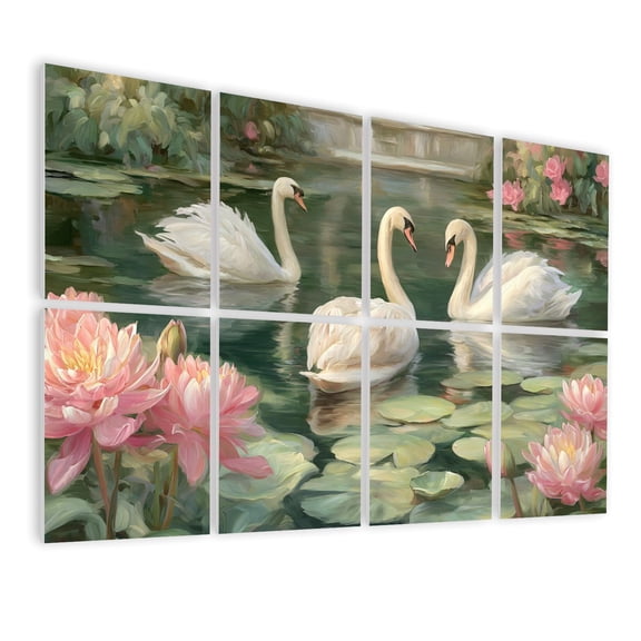 8 Pack Art Acoustic Panels Sound Absorbing Pink Green Vintage Nature Swans Lake Flowers Peaceful Decorative Soundproof Wall Panels Self Adhesive for Nursery Game Room Bedroom 48"x32"