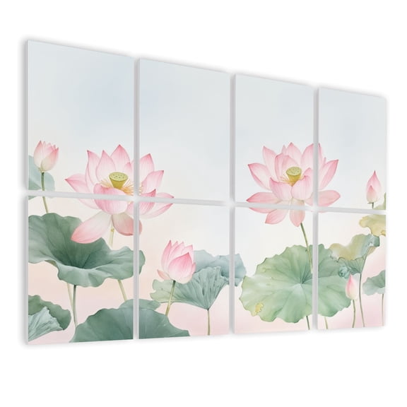8 Pack Art Acoustic Panels Sound Absorbing Pink Lotus Flowers Green Leaves Soft Pastel Decorative Soundproof Wall Panels Self Adhesive for Nursery Game Room Bedroom 48"x32"