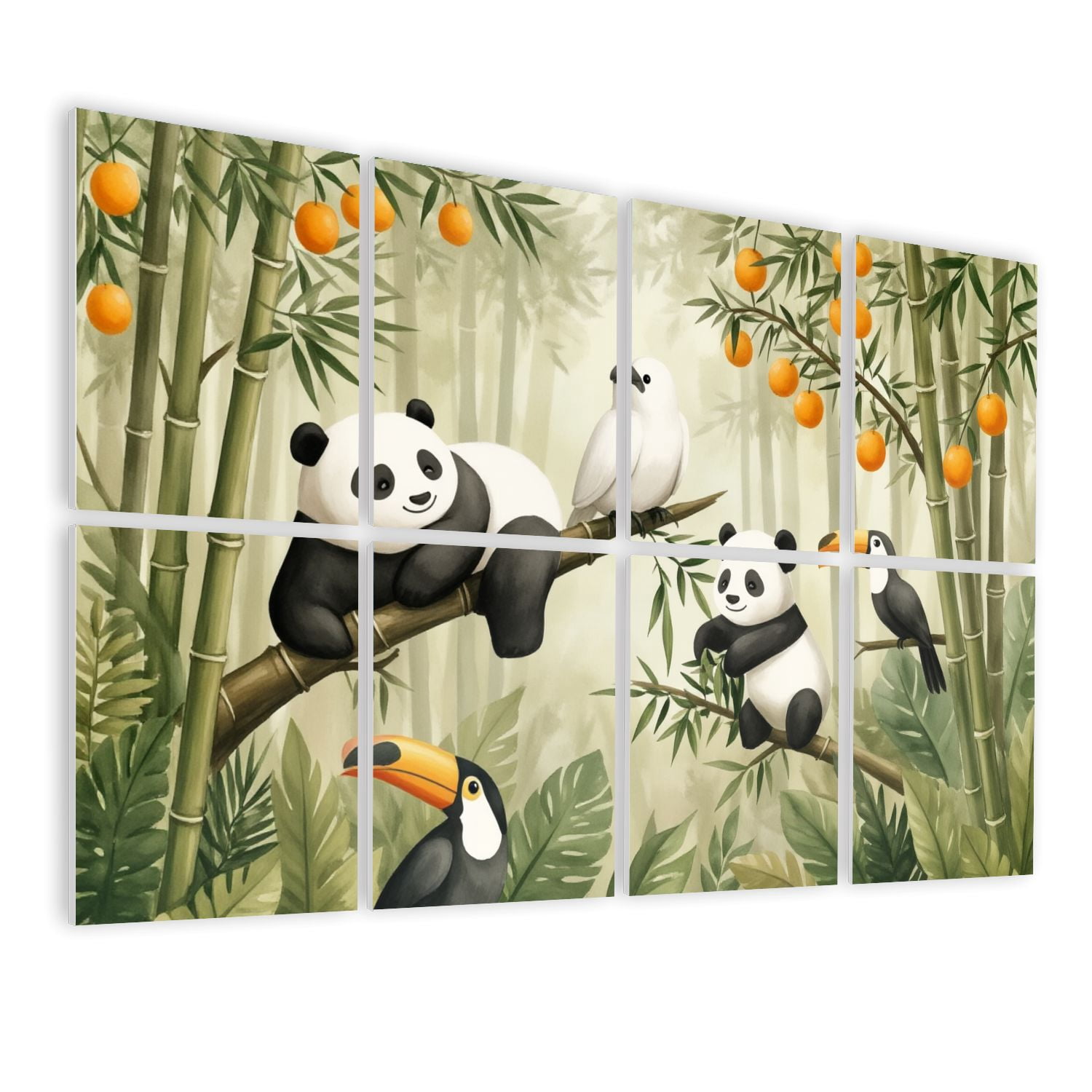 8 Pack Art Acoustic Panels Sound Absorbing Playful Pandas Tropical Birds Bamboo Forest Decorative Soundproof Wall Panels Self Adhesive for Nursery Game Room Bedroom 48"x32"