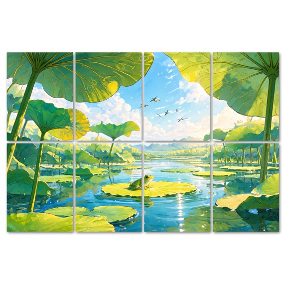 8 Pack Art Acoustic Panels Sound Absorbing Pond Frog lotus leaves wave bird Lily Pads Blue Sky cloud sunlight Decorative Soundproof Wall Panels Self Adhesive for Recording Studios Office 48"x32"