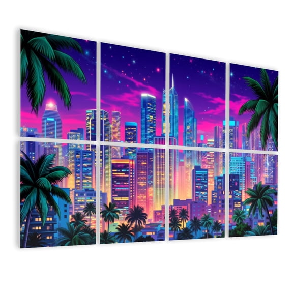 8 Pack Art Acoustic Panels Sound Absorbing Punk City UV Reactive City Cityscape Palm Trees Colors Electric Decorative Soundproof Wall Panels Self Adhesive for Nursery Game Room Bedroom 48"x32"