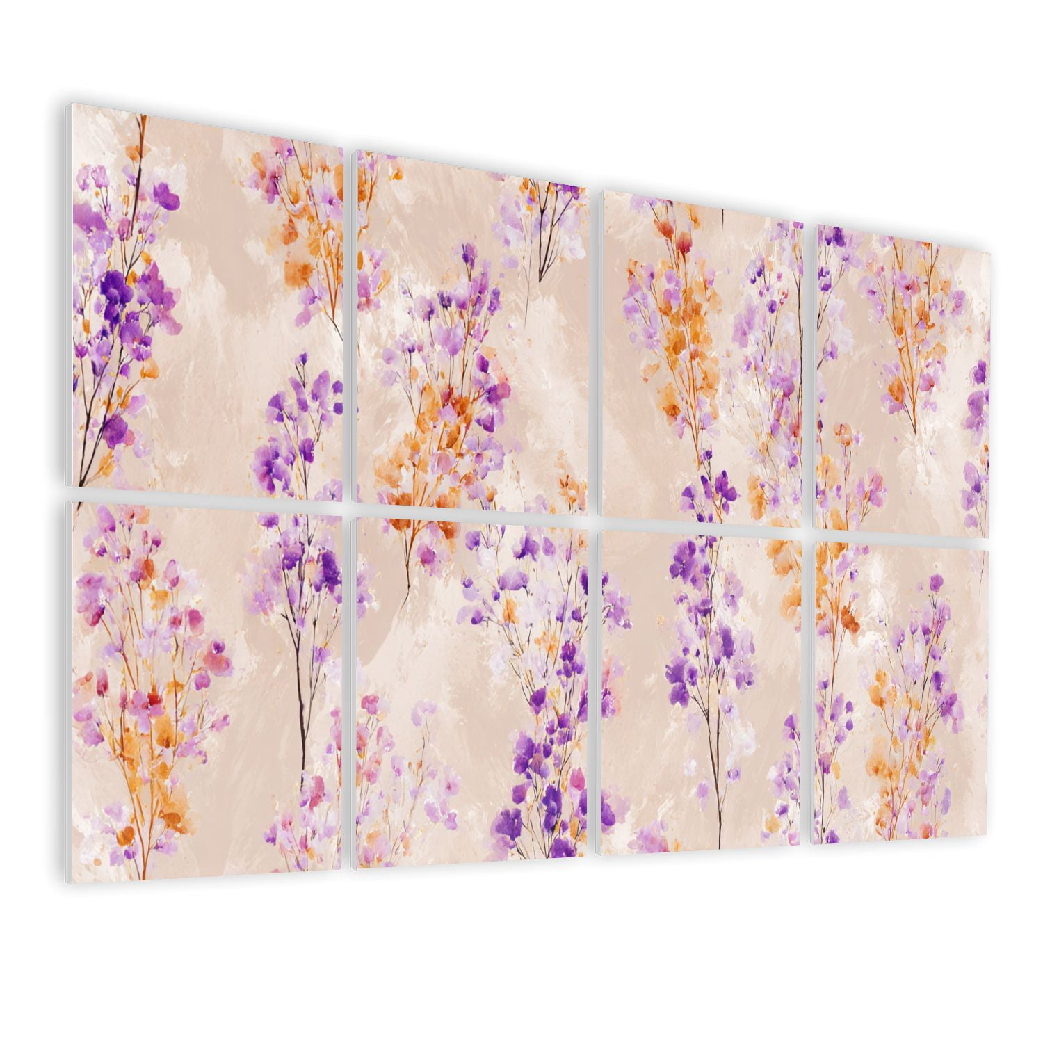 8 Pack Art Acoustic Panels Sound Absorbing Purple Orange Floral Watercolor Effect Beige Decorative Soundproof Wall Panels Self Adhesive for Nursery Game Room Bedroom 48"x32"