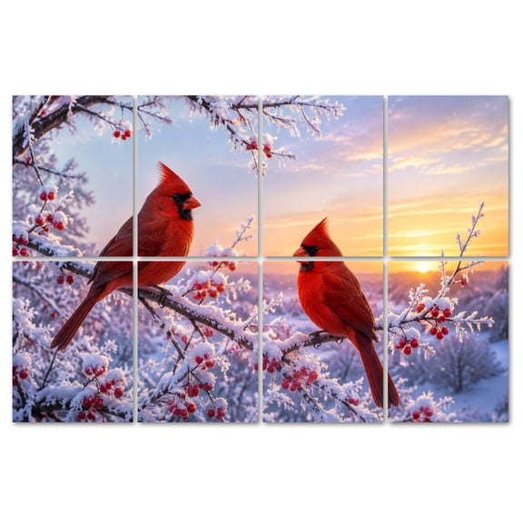 8 Pack Art Acoustic Panels Sound Absorbing Red Cardinals Snowy Branches Winter Berries Golden Sunset Decorative Soundproof Wall Panels Self Adhesive for Recording Studios Office 48"x32"