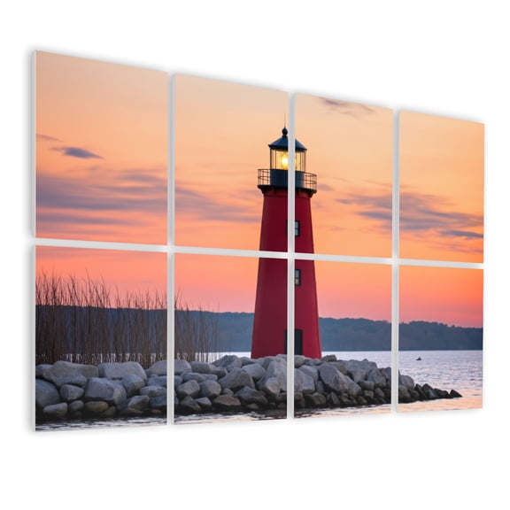 8 Pack Art Acoustic Panels Sound Absorbing Red Lighthouse Rocky Shore Sunset Calm Water Decorative Soundproof Wall Panels Self Adhesive for Nursery Game Room Bedroom 48"x32"