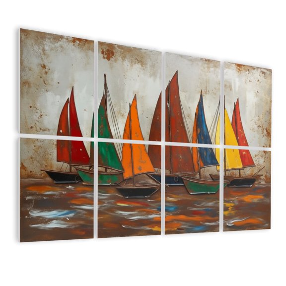 8 Pack Art Acoustic Panels Sound Absorbing Regatta Mixed Media Hand Painted Iron Sailboats Colorful Sails Decorative Soundproof Wall Panels Self Adhesive for Nursery Game Room Bedroom 48"x32"