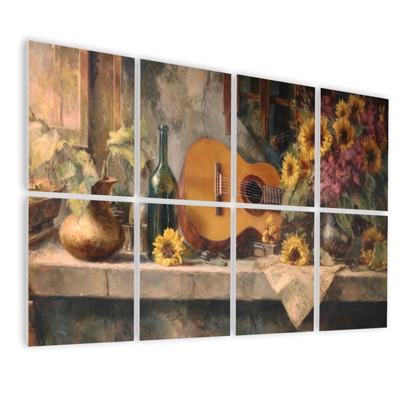 8 Pack Art Acoustic Panels Sound Absorbing Retro Music Guitar Sunflower Rustic Farmhouse Flower Musical Themed Decorative Soundproof Wall Panels Self Adhesive for Nursery Game Room Bedroom 48"x32"