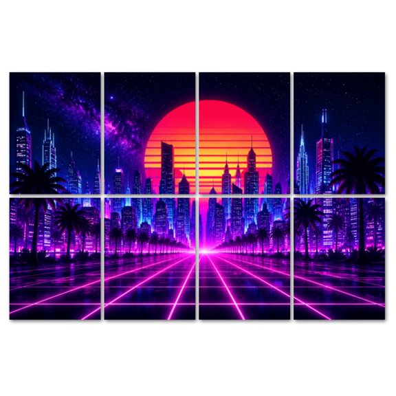 8 Pack Art Acoustic Panels Sound Absorbing Retro wave synthwave vaporwave skyline scenery landscape Decorative Soundproof Wall Panels Self Adhesive for Recording Studios Office 48"x32"