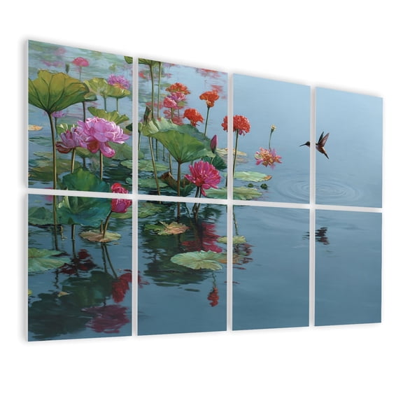 8 Pack Art Acoustic Panels Sound Absorbing Ripples Lotus Flowers Lily Pads Calm Water Surface Reflections Water Decorative Soundproof Wall Panels Self Adhesive for Studio Home Office 48"x32"