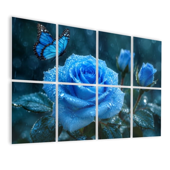8 Pack Art Acoustic Panels Sound Absorbing Rose Teal Rose Painting Turquoise Blue Flower Kitchen Decor Decorative Soundproof Wall Panels Self Adhesive for Nursery Game Room Bedroom 48"x32"