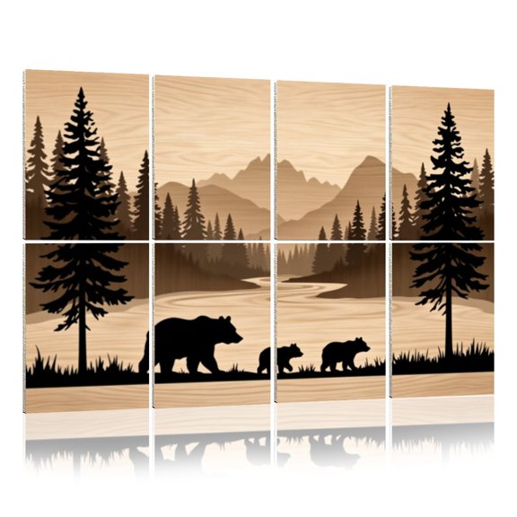 8 Pack Art Acoustic Panels Sound Absorbing Rustic Cabin Farmhouse Lodge Bear Mountain Pine Trees Forest Cub Decorative Soundproof Wall Panels Self Adhesive for Nursery Game Room Bedroom 48"x32"