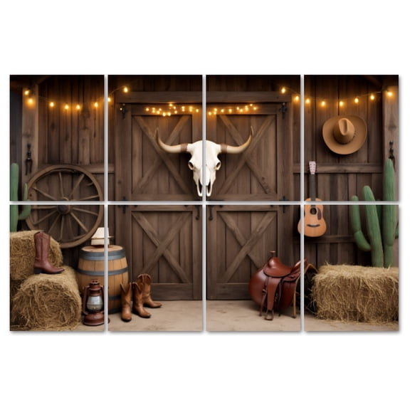8 Pack Art Acoustic Panels Sound Absorbing Rustic Retro Wooden Boots Hat Farmhouse Cowboy Cow Skull Doors Hay Decorative Soundproof Wall Panels Self Adhesive for Recording Studios Office 48"x32"