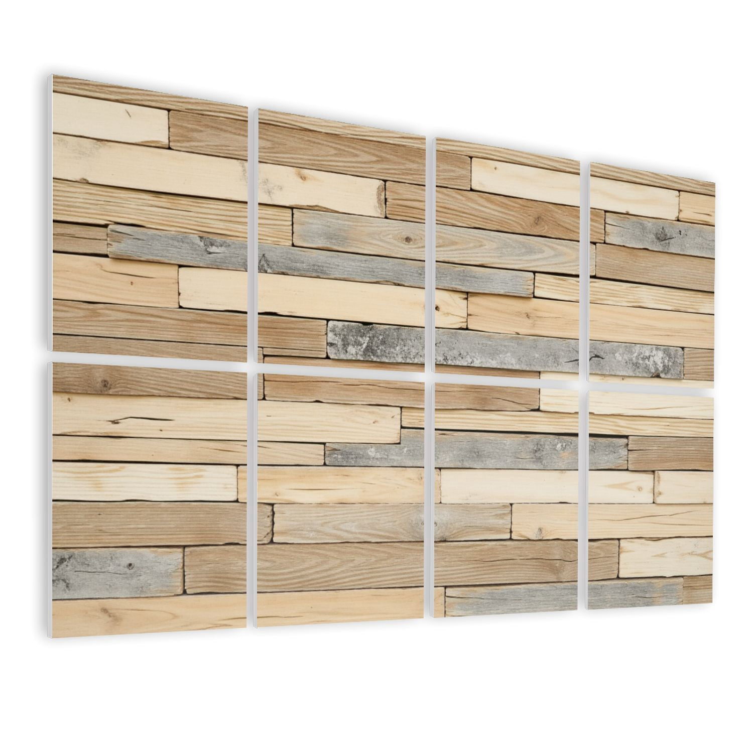 8 Pack Art Acoustic Panels Sound Absorbing Rustic Stacked Wooden Planks Natural Beige Grey Tones Decorative Soundproof Wall Panels Self Adhesive for Nursery Game Room Bedroom 48"x32"