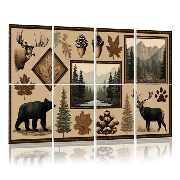 8 Pack Art Acoustic Panels Sound Absorbing Rustic Wilderness Collage Deer Bear Pine Cone Tribal Accents Decorative Soundproof Wall Panels Self Adhesive for Nursery Game Room Bedroom 48"x32"