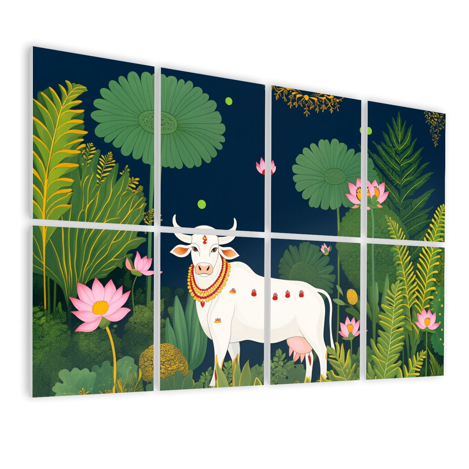 8 Pack Art Acoustic Panels Sound Absorbing Sacred White Cow Lotus Flowers Decorative Soundproof Wall Panels Self Adhesive for Nursery Game Room Bedroom 48"x32"