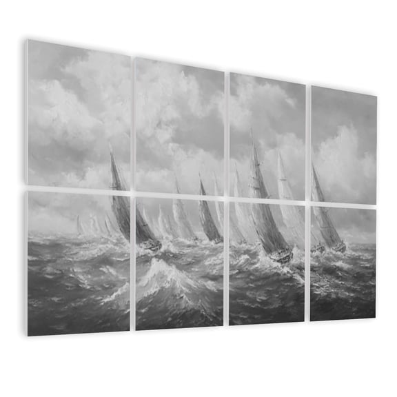 8 Pack Art Acoustic Panels Sound Absorbing Sailboat Blue Retro Vintage Nautical Coastal Modern Sailboats Ocean Decorative Soundproof Wall Panels Self Adhesive for Nursery Game Room Bedroom 48"x32"