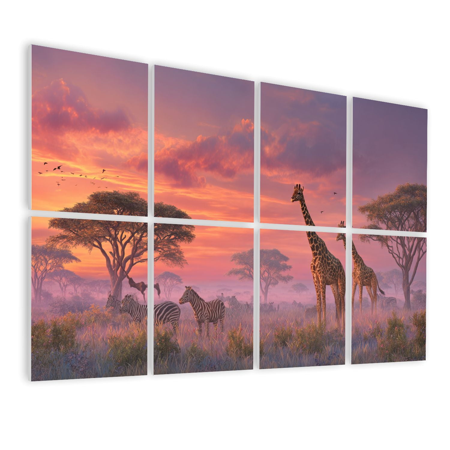8 Pack Art Acoustic Panels Sound Absorbing Savanna Sunrise Giraffes Zebras Lions Decorative Soundproof Wall Panels Self Adhesive for Nursery Game Room Bedroom 48"x32"