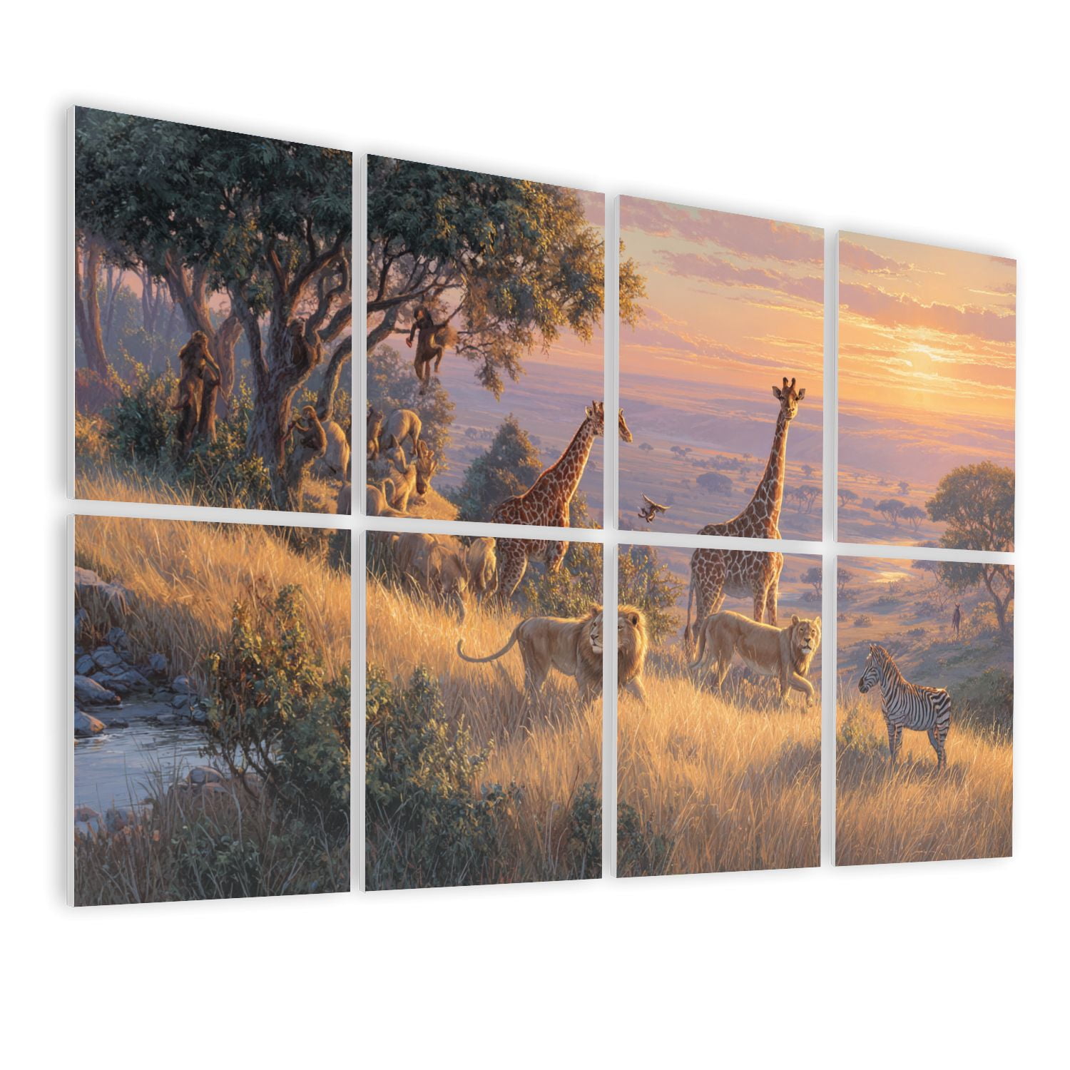 8 Pack Art Acoustic Panels Sound Absorbing Savanna Wildlife Golden Hour Lions Giraffes Decorative Soundproof Wall Panels Self Adhesive for Nursery Game Room Bedroom 48"x32"