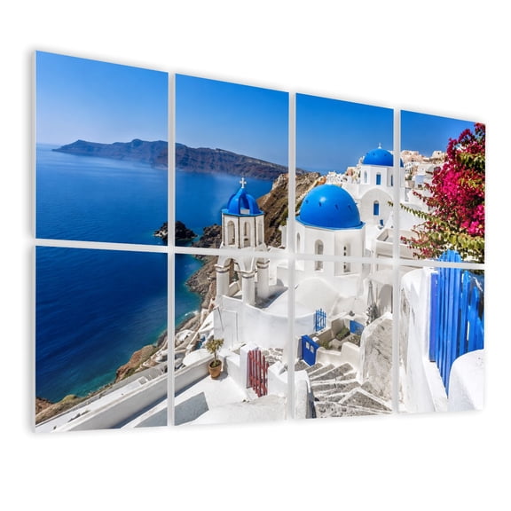 8 Pack Art Acoustic Panels Sound Absorbing Scenic view white houses blue domes Santorini Decorative Soundproof Wall Panels Self Adhesive for Nursery Game Room Bedroom 48"x32"