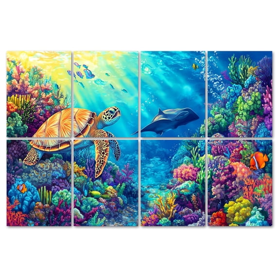 8 Pack Art Acoustic Panels Sound Absorbing Sea Turtle Stingray Coral Reefs Manta Ray Colorful Fish Tropical Decorative Soundproof Wall Panels Self Adhesive for Recording Studios Office 48"x32"