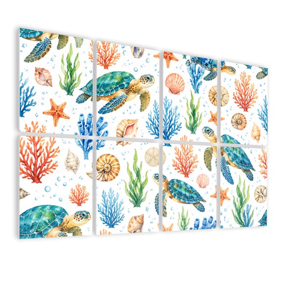8 Pack Art Acoustic Panels Sound Absorbing Sea Turtles Coral Shells Marine Life Watercolor Style Decorative Soundproof Wall Panels Self Adhesive for Nursery Game Room Bedroom 48"x32"