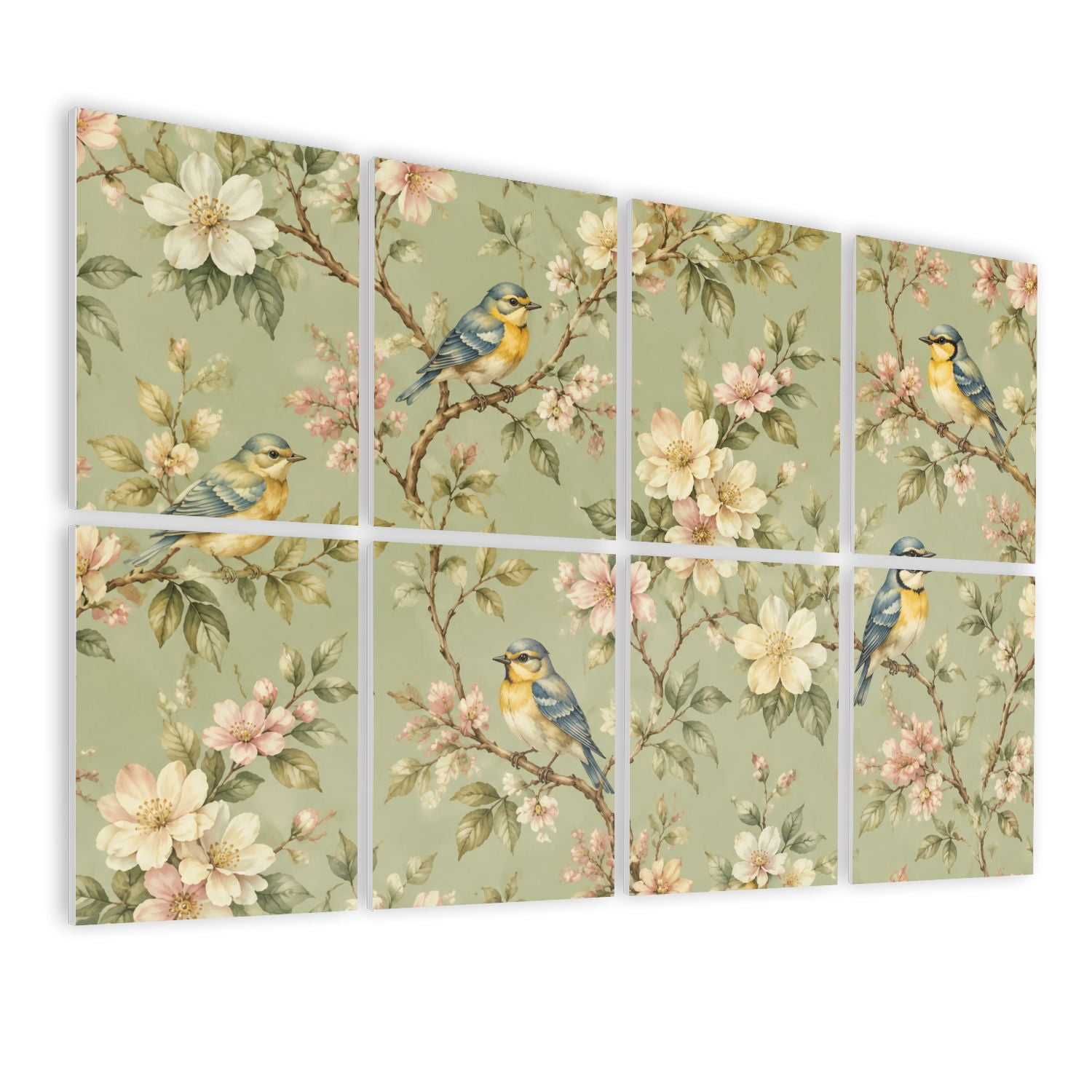 8 Pack Art Acoustic Panels Sound Absorbing Seamless Birds Branches Floral Elements Vintage Style Decorative Soundproof Wall Panels Self Adhesive for Nursery Game Room Bedroom 48"x32"
