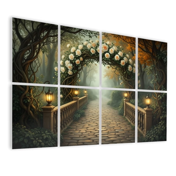 8 Pack Art Acoustic Panels Sound Absorbing Serene Pathway Rose Arch Lanterns Misty Forest Decorative Soundproof Wall Panels Self Adhesive for Nursery Game Room Bedroom 48"x32"