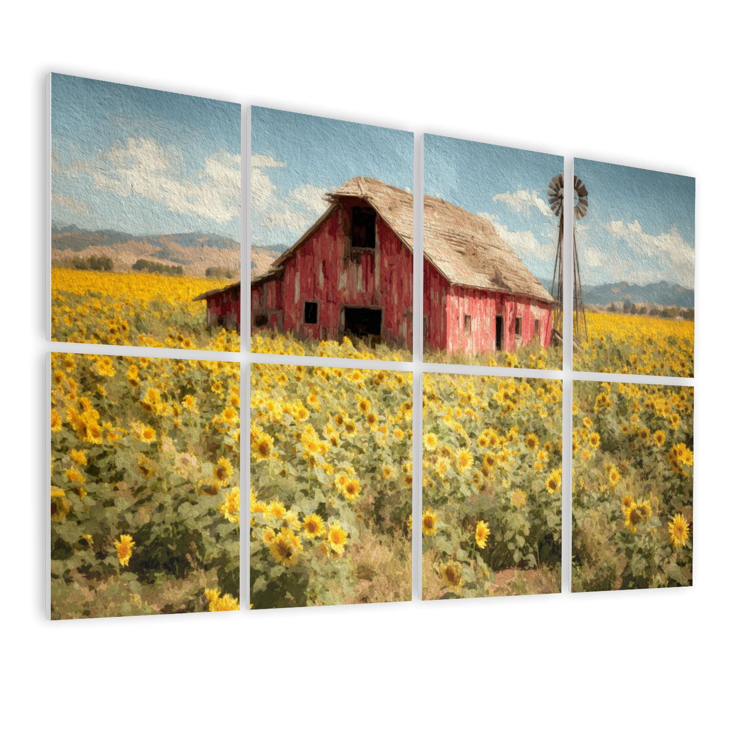 8 Pack Art Acoustic Panels Sound Absorbing Serene Rural Scene Weathered Barn Towering Sunflowers Decorative Soundproof Wall Panels Self Adhesive for Bedroom Home Office 48"x32"
