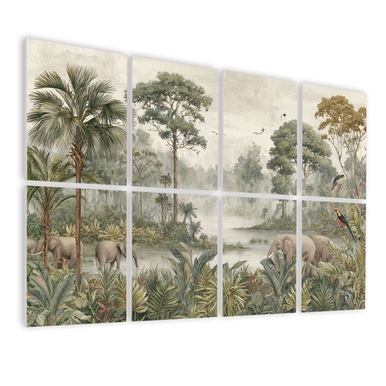 8 Pack Art Acoustic Panels Sound Absorbing Serene Tropical Jungle Scene Elephants Birds Decorative Soundproof Wall Panels Self Adhesive for Nursery Game Room Bedroom 48"x32"