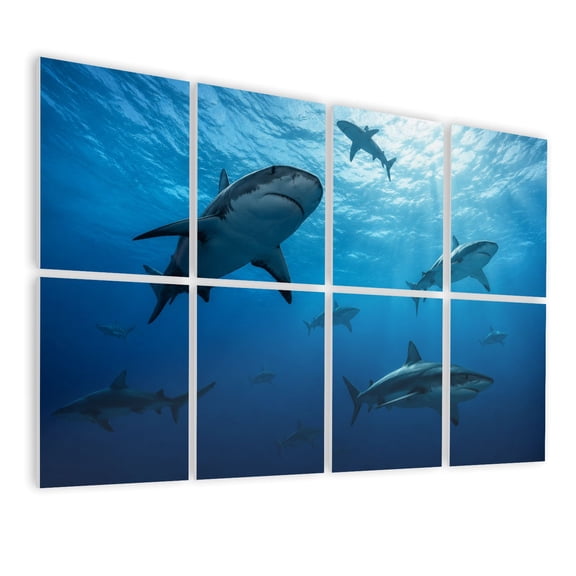 8 Pack Art Acoustic Panels Sound Absorbing Silhouettes sharks underwater ocean against bright light 3D rendered Decorative Soundproof Wall Panels Self Adhesive for Nursery Game Room Bedroom 48"x32"