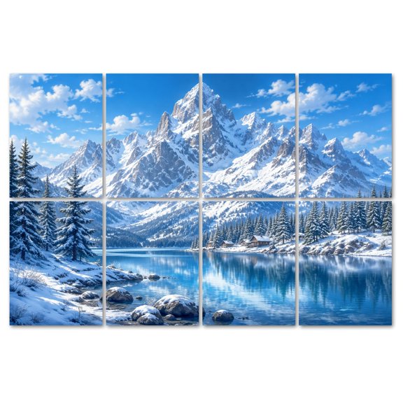8 Pack Art Acoustic Panels Sound Absorbing Snow Capped Mountain Landscape Pine Trees Reflective Lake Under Sky Decorative Soundproof Wall Panels Self Adhesive for Recording Studios Office 48"x32"