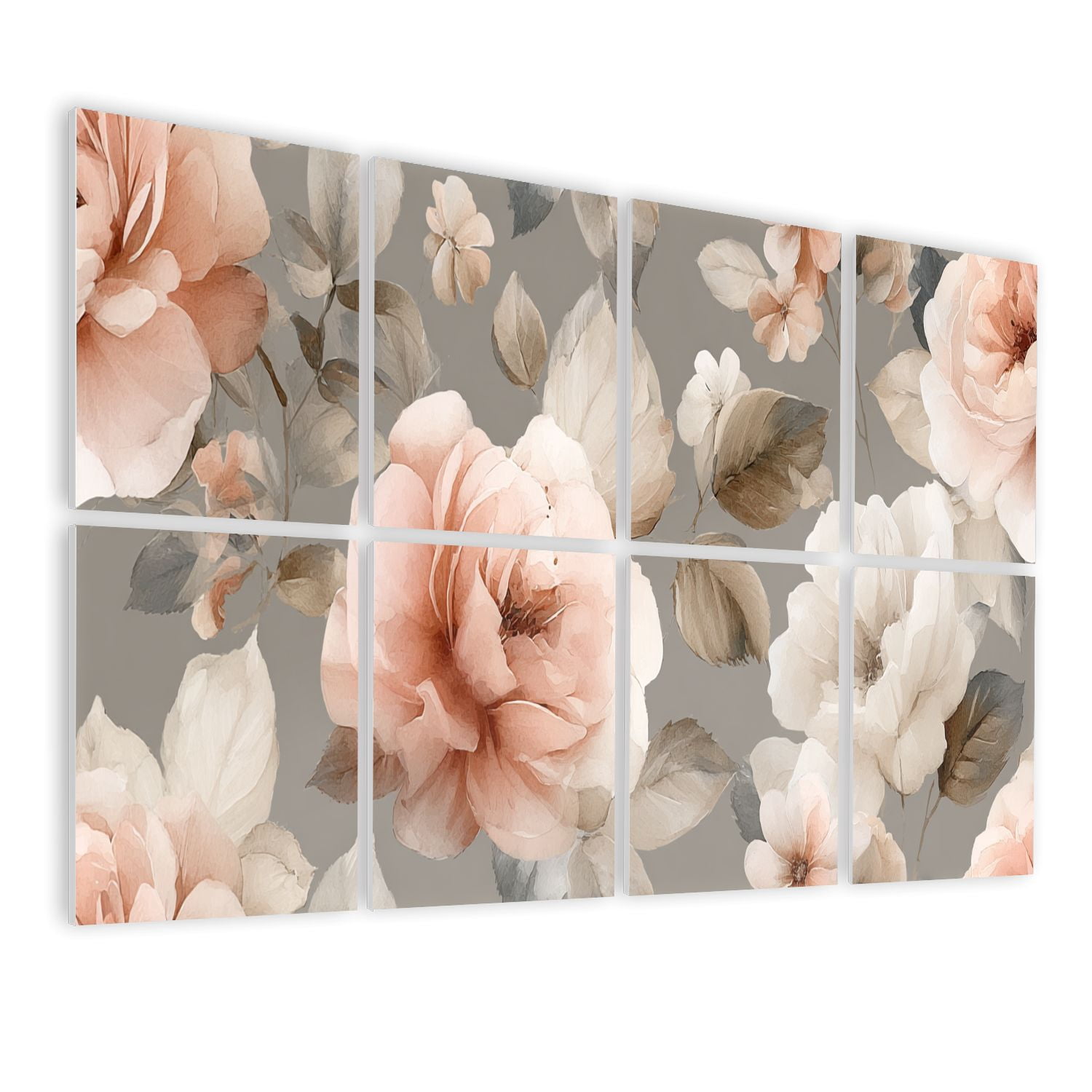 8 Pack Art Acoustic Panels Sound Absorbing Soft Peach Floral Light Beige Roses Leaves Decorative Soundproof Wall Panels Self Adhesive for Nursery Game Room Bedroom 48"x32"