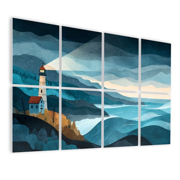 8 Pack Art Acoustic Panels Sound Absorbing Stormy Lighthouse Cliff Watercolor Wall Art Print Decorative Soundproof Wall Panels Self Adhesive for Nursery Game Room Bedroom 48"x32"